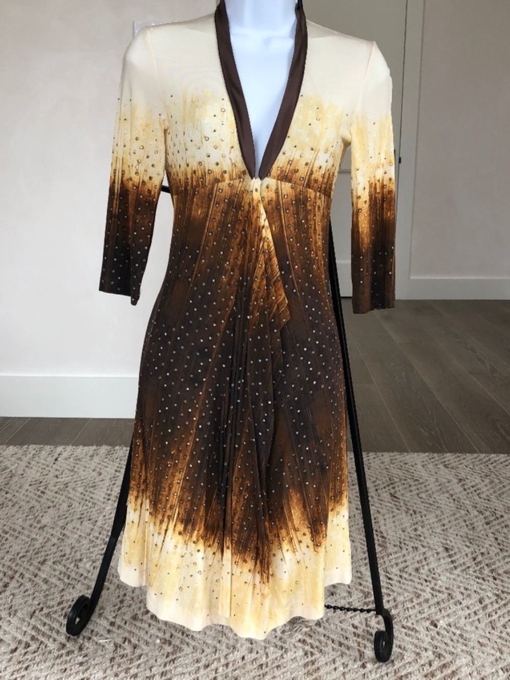 Just Cavalli Cream to Brown Ombre 3/4 Sleeve Dress with Rhinestone Accents - Picture 4 of 10